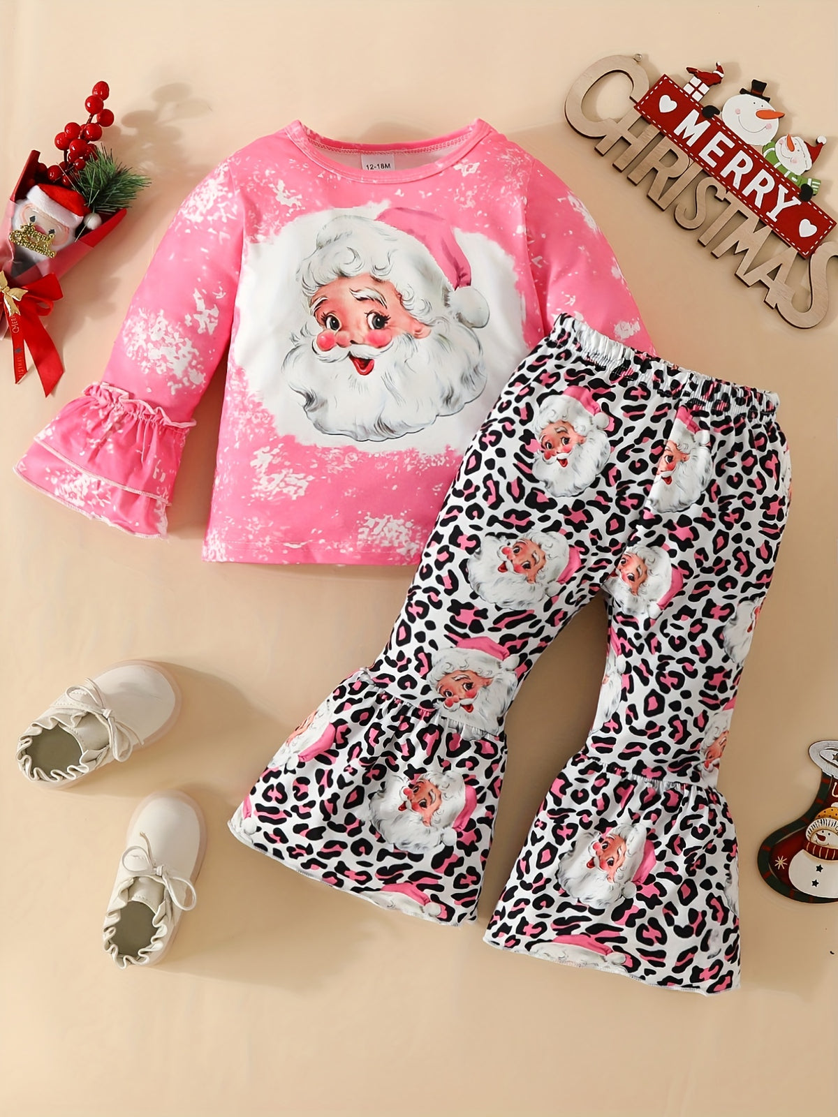 Baby Cute Santa Claus Head Long Sleeve Top + Cute Allover Print Pants, Kid's Christmas Pary Casual Clothes