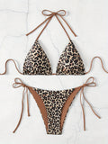 2 Piece Leopard Print Triangle Halter Neck High Cut Tie Side Bikini Swimsuit - Stretchy Polyester Fabric, Lace Up, Random Printing, Customized Style - Womens Swimwear & Clothing for Summer Beach Vacation