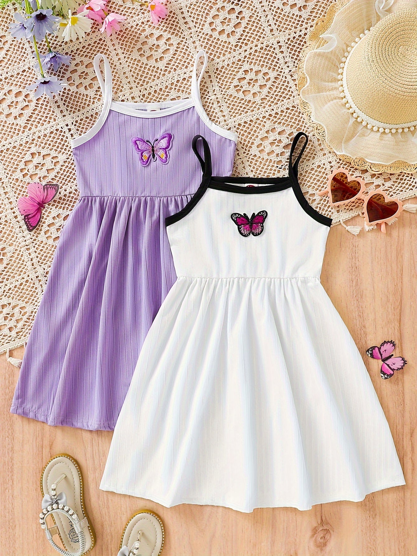 2pcs Vibrant Butterfly Print Ruffle Cami Dress Set - Soft Medium Stretch Polyester, Sleeveless, Regular Fit, Hand Washable, Perfect for Girls Summer Holiday Party and Casual Daily Wear