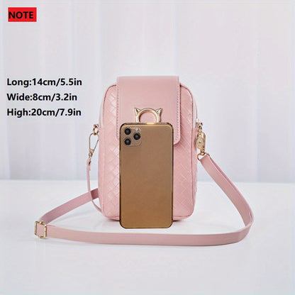 solvbao  Mini Woven Mobile Phone Bag, Metal Cat Decor Crossbody Bag, Women's Faux Leather Flap Purses (5.5*3.2*7.9)Inch