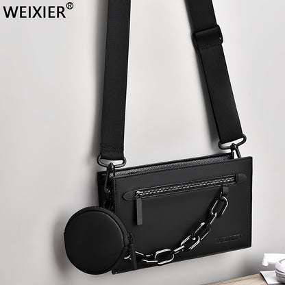 Men's Crossbody Bag With Chain & Coin Pouch, Multifunctional Shoulder Bag Travel Messenger Bag