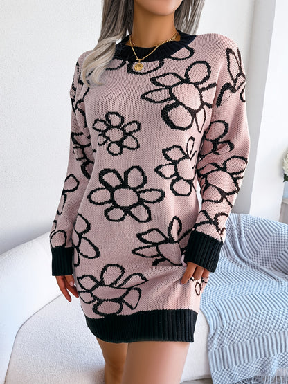 solvbaoLadies Floral Print Sweater Dress, Long Sleeve Stretchy Sweater Dress, Casual Sweater Dress For Fall & Winter, Women's Clothing