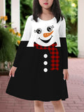 Children's Christmas Snowman Pattern Casual Knit Dress - Long Sleeve Polyester Winter Dress for Kids