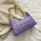 Argyle Quilted Shoulder Bag, Trendy Chain Baguette Bag, Solid Color Underarm Purse For Women