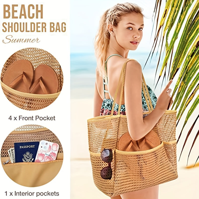 solvbao  Mesh Summer Beach Bag, Foldable Multi Pockets Tote Bag, Large Shoulder Bag For Travel Vacation Swimming