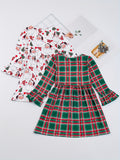 2-Piece Festive Girls' Christmas Outfit - Splicing Polka Dot Print Flare Sleeve Dress & Snowman Print Crew Neck Dress - Holiday, Fall, Kids' Clothing Set for Girls