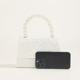 White Lace Flower Pattern Mini Evening Bag, Top Beaded Handle Dinner Flap Bag, Women's Elegant Party Bag