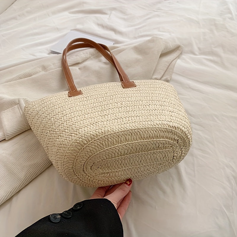 solvbao  Straw Woven Tote Bag, Bamboo Handle Beach Bag, Boho Style Handbag For Travel Vacation