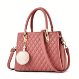 solvbao Elegant Argyle Quilted Handbag, Fashion Top Handle Satchel Purse, Women's Crossbody Bag With Pompom Ball Pendent