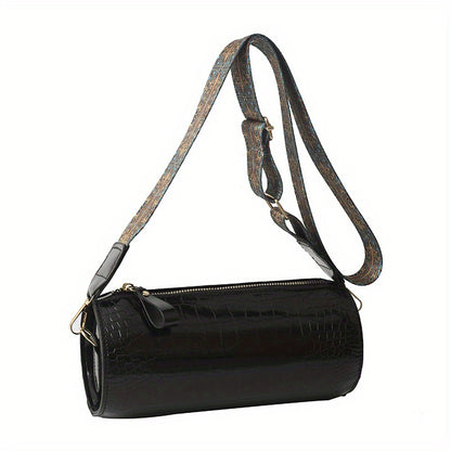 solvbao  Glossy Crocodile Pattern Bucket Bag, Metallic Color Crossbody Bag, Trendy Cylinder Purse With Wide Guitar Strap