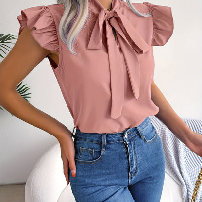 solvbaoBow Tie Flutter Sleeve Blouse, Elegant Sleeveless Solid Ruffle Trim Blouse, Women's Clothing