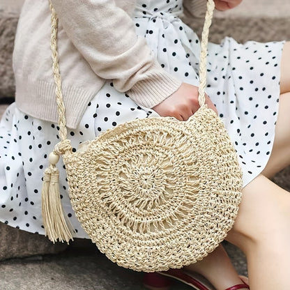 solvbao  Round Woven Straw Beach Bag, Tassel Decor Crossbody Bag, Boho Style Hollow Bag For Travel Vacation