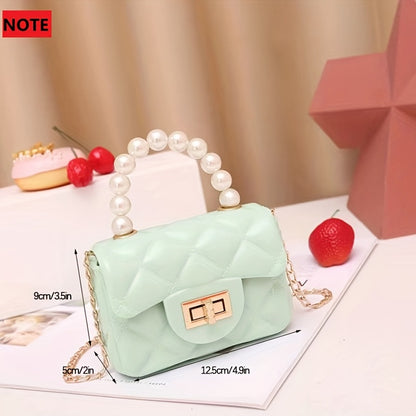 solvbao  Mini Jelly Handbag For Girls, Faux Pearl Handle Coin Purse, Trendy Chain Crossbody Bag (12.45*8.89*5.08cm)