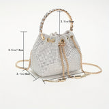 All Over Bright Rhinestone Bucket Bag, Drawstring Small Banquet Satchel Bag, Women's Luxury Dinner Shoulder Chain Bag