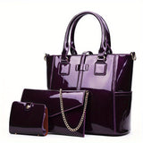 3Pcs Patent Leather Bag Set, Fashion Handbags With Chain Crossbody Bag & Clutch Purse & Card Holder