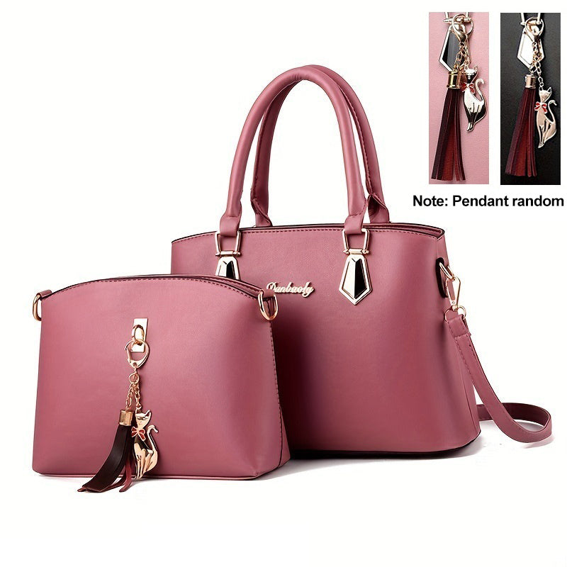 solvbao  2pcs PU Leather Bag Set, Tassel Decor Handbag & Crossbody Bag, Women's Office & Work Purse