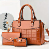 3pcs PU Bright Leather Bag Set, Women's Handbag & Crossbody Bag With Clutch Purse & Card Holder For Office & Work