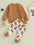 2pcs Toddler Baby Cute Christmas Cartoon Gingerbread Print Long Sleeve Sweatshirt & Pants Outdoor Set, Winter Autumn