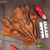 10pcs Wooden Spoons For Cooking, Teak Wood Kitchen Utensils Set For Non Stick Use, Spatula Set For Stirring, Baking, Non Stick Wooden Utensils For Kitchen