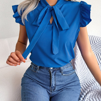 solvbaoBow Tie Flutter Sleeve Blouse, Elegant Sleeveless Solid Ruffle Trim Blouse, Women's Clothing