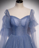 solvbao Blue Tulle Beaded Sweetheart Unique Long Prom Dress, Blue Evening Dress Formal Dress