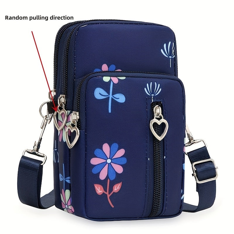 Mini Heart Zipper Phone Bag, Nylon Canvas Crossbody Bag, Multi Layer Zipper Around Purse (3.54*6.7*2.36) Inch