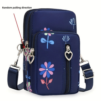 Mini Heart Zipper Phone Bag, Nylon Canvas Crossbody Bag, Multi Layer Zipper Around Purse (3.54*6.7*2.36) Inch