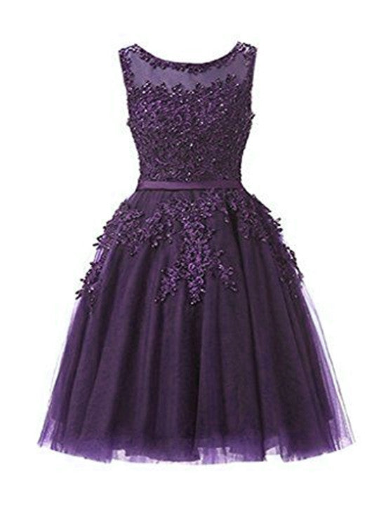 Solvbao Dark Purple Short Prom Dress, Tulle Prom Dress, Applique Homecoming Dress