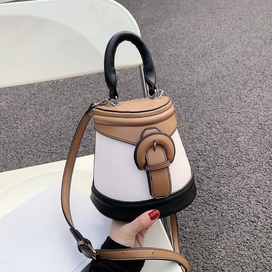 solvbao  Color Contrast Bucket Bag For Women, Fashion Buckle Decor Flap Handbag, Mini Bear Decor Crossbody Bag