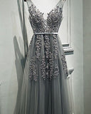 solvbao Grey Romantic Lace V-neckline Formal Gowns, Applique Long Prom Dress, High Quality Party Dress