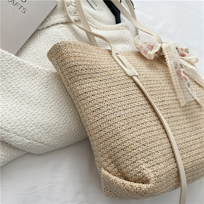 solvbao  Large-capacity Simple Woven Tote Bag, Trendy Shoulder Bag With Ribbon Decor For Beach