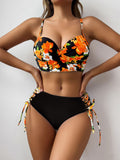 2 Piece Floral Print Bikini Set - Cross Lace Up, High Waisted, Underwire, Spaghetti Strap, Tie Side, Adjustable, Comfortable, Chic Women's Swimwear & Clothing for Beach Vacation