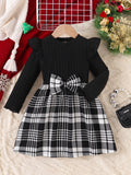 Girls' Christmas Bowknot Long Sleeve Round Neck Dress, Knitted Stretch Polyester Fabric, Regular Fit, Fashion Plaid Pattern, Spring/Autumn Season, Casual Style, Children'S Clothing