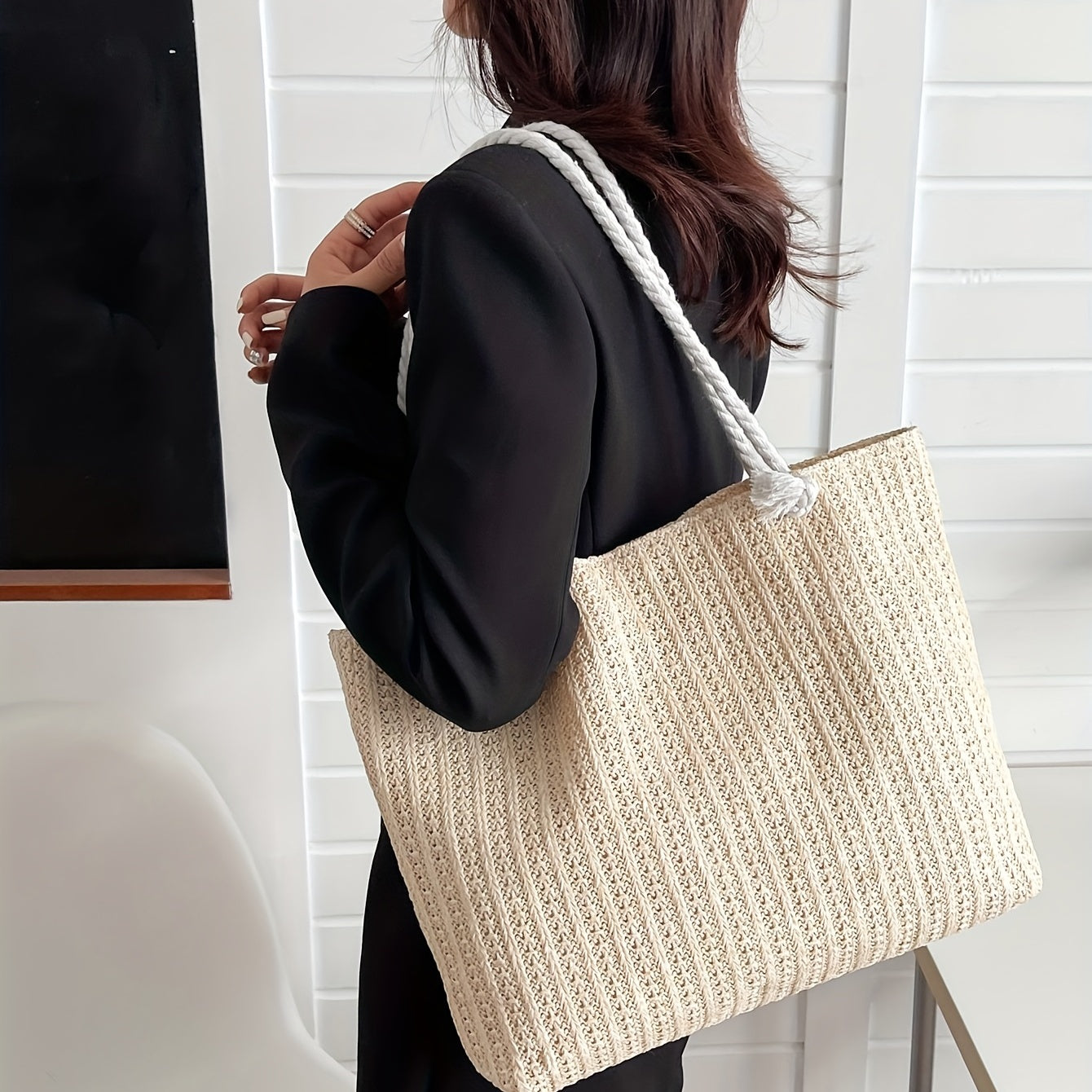 solvbao  Large Capacity Woven Handbag, Minimalist Straw Tote Bag, All-Match Storage Handbag