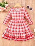 Long Sleeve Girls Stylish Dress with Allover Leaves/Houses/Animals/Cartoon/Santa Claus/Plaid Pattern and Layered Hem for Fall & Winter Christmas Party