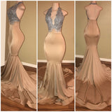 kamahe Luxurious Halter Sleeveless Lace Applique Mermaid Prom Dresses