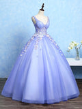 Solvbao Cute Lavender Tulle Ball Gown V-neckline Sweet 16 Dresses, Light Purple Formal Dresses