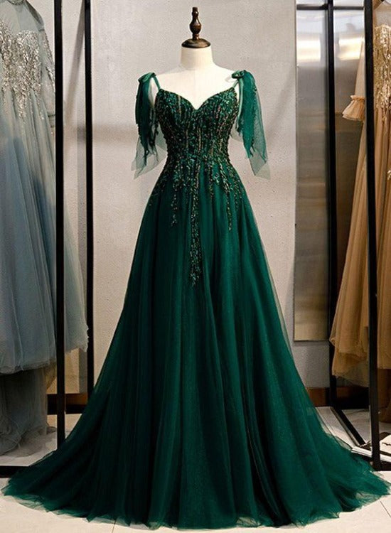 solvbao Elegant V-neckline Straps Tulle Long Junior Prom Dress, Green Prom Dress