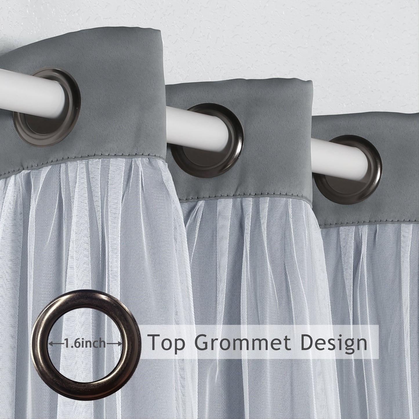 1 Panel Blackout Curtains With White Sheer Voile Double-Layered Mix And Match Curtains Grommet Curtains For Bedroom, Grey