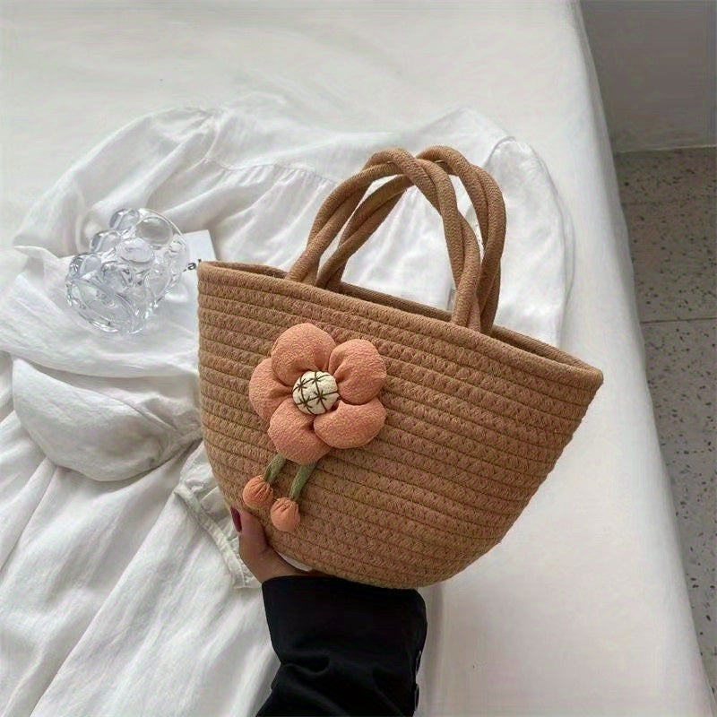 solvbao  Flower Decor Woven Handbags, Boho Style Summer Beach Bag, Niche Design Vegetable Basket