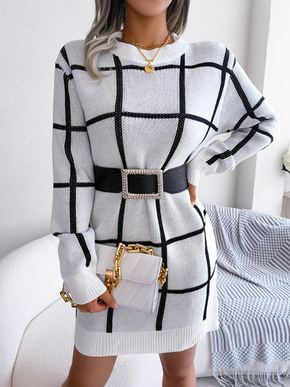 solvbaoColor Block Plaid Round Neck Long Sleeve Sweater Dress, Bag Hip Casual Bodycon Loose Dress, Women's Clothing