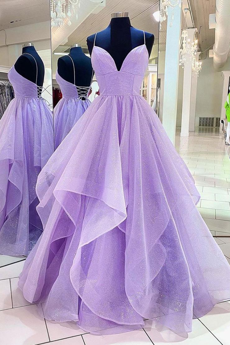 kamahe Purple V Neck Sleeveless A Line Tulle Sequin Prom Dresses