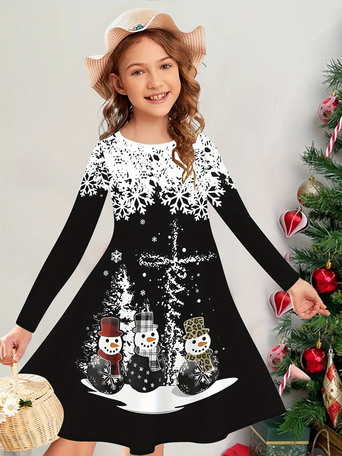 Adorable Snowman & Snowflake 3D Print Long Sleeve Dress for Girls - Perfect for Christmas, Fall/Winter Collection