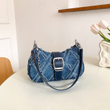 solvbao  Y2K Denim Crossbody Handbag, Chain Decor Shoulder Bag, Buckle Decor Stitch Chain Baguette Bag