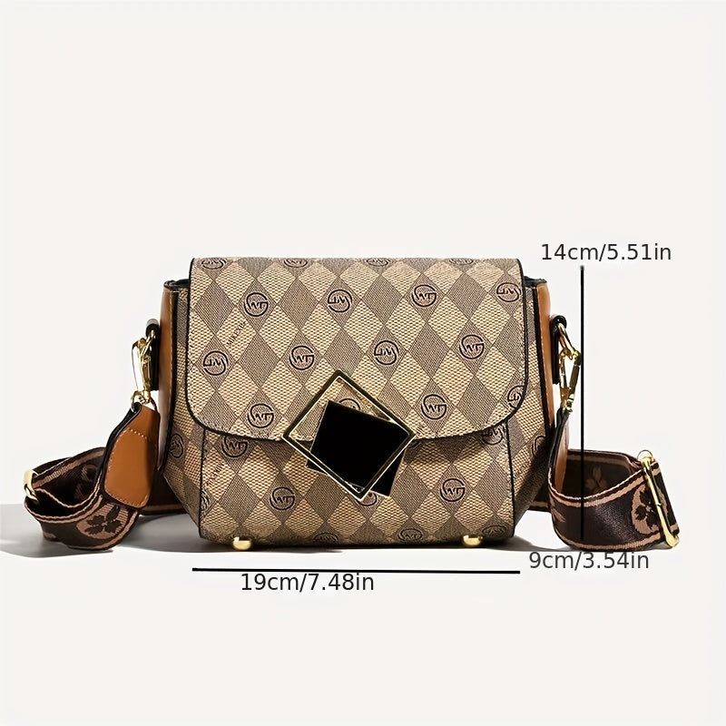 Mini Lozenge Pattern Crossbody Bag, Retro Wide Strap Flap Shoulder Bag, Perfect Sling Bag For Daily Use