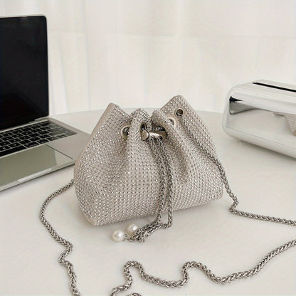 solvbao  Rhinestone Bucket Bag, Trendy Chain Crossbody Bag, Drawstring Design Prom Purse For Women