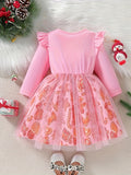 Girls' Festive Santa Claus & Candy Print Mesh Tutu Dress with Flutter Trim Crew Neck for Party, Gift, Christmas