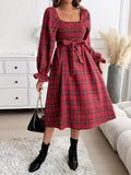 Long Sleeved Brushed A-line Women's Dress with Checkered Print, Elastic Waistband, Front and Back Tied