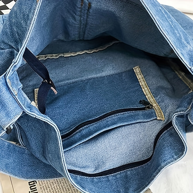 solvbao  Retro Denim Canvas Tote Bag, Multi Pockets Crossbody Bag, Y2K Hobo Bag For Sports, Travel, School