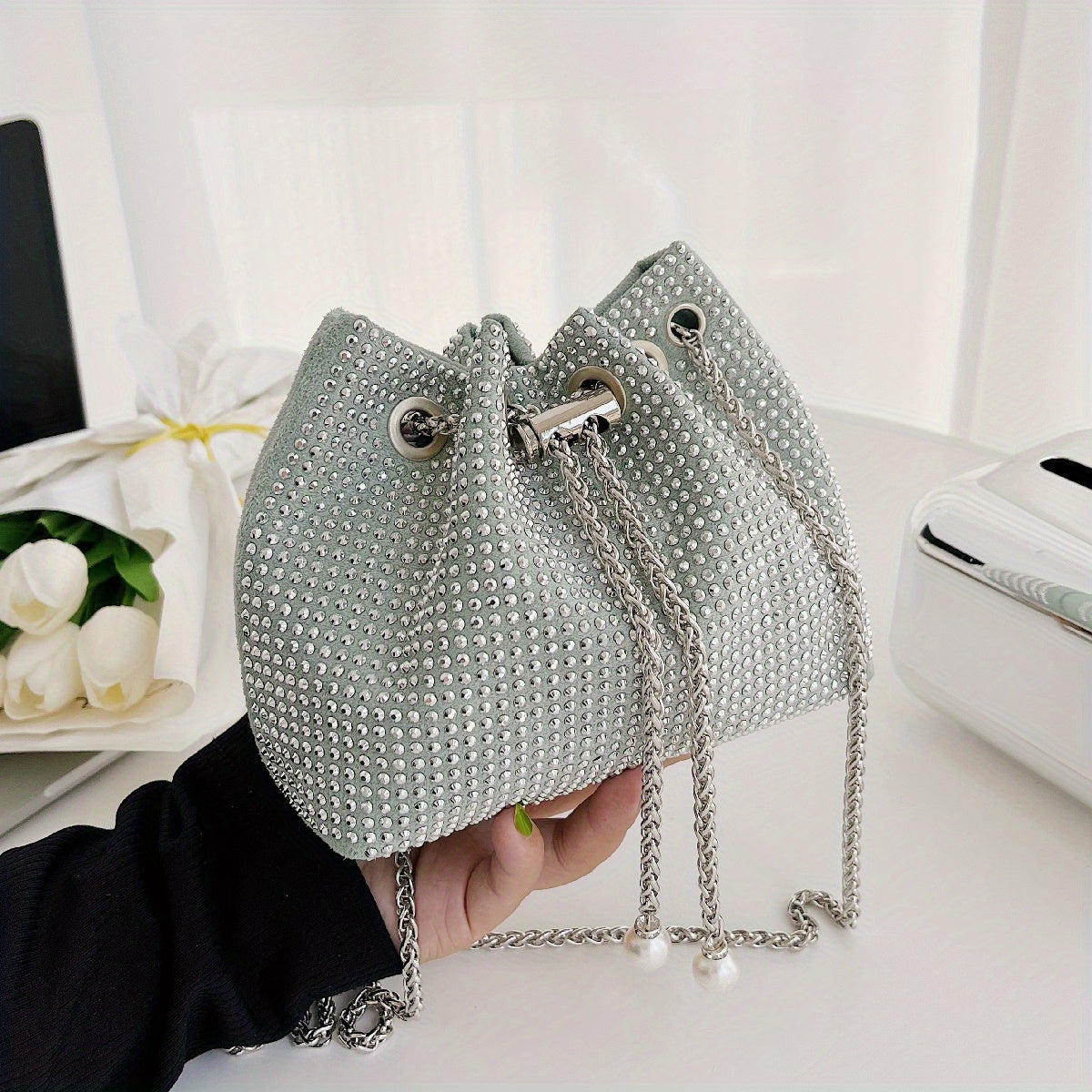 solvbao  Rhinestone Bucket Bag, Trendy Chain Crossbody Bag, Drawstring Design Prom Purse For Women